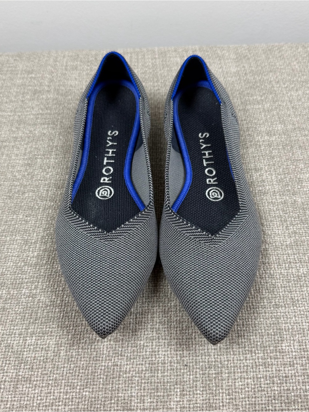 Rothy's Gray Pointed Toe Flats with Blue Trim